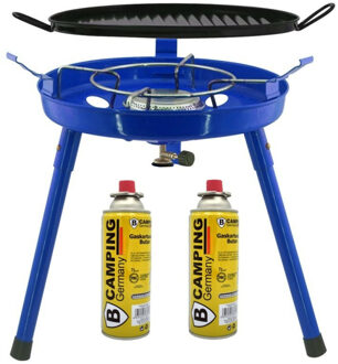 Camping gasgrill/grillplaat 3-in-1 - blauw - incl. 2x gas navulling 227 gram - Kookbranders