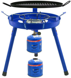 Camping gasgrill/grillplaat 3-in-1 - blauw - incl. 2x gas navulling 500 gram - Kookbranders