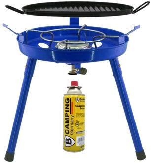 Camping gasgrill/grillplaat 3-in-1 - blauw - incl. gas navulling 227 gram - Kookbranders