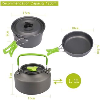 Camping Kookgerei Kit Wandelen Gebruiksvoorwerpen Pan Servies Picknick Theepot Pot Koekenpan Camping Draagbare Outdoor Apparatuur groen