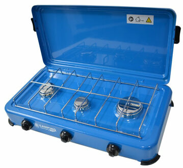 Camping kookpit/kookstel - 3-pits - blauw - metaal - 60 x 40 x 10 cm - voor gasfles