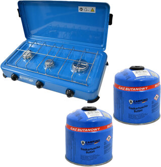 Camping kookpit/kookstel - 3 pits - inclusief butaangas navulling - 2x stuks - 500 gram