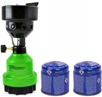 Camping kookstel/kookpit metaal groen incl. 2x gas navulling priktank 190 gram - Kookbranders