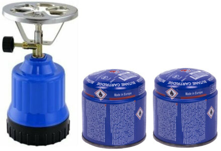 Camping kookstel - kunststof - blauw - incl. 3x gas navulling priktank - 190 gram - Campingkookset