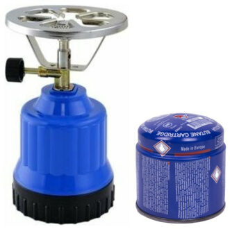 Camping kookstel - kunststof - blauw - incl. gas navulling priktank - 190 gram - Campingkookset