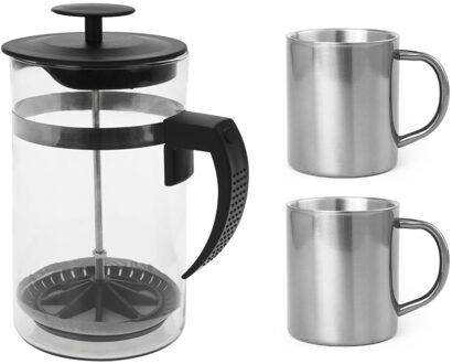 Camping percolator / cafetiere set - 1 liter - Incl 2x RVS koffiemokken - koffiezetter