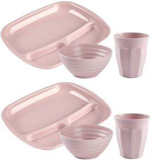 Camping Servies set 18 delig - kunststof - roze - 6x vakjesborden/6x drinkbekers/6x kommetjes