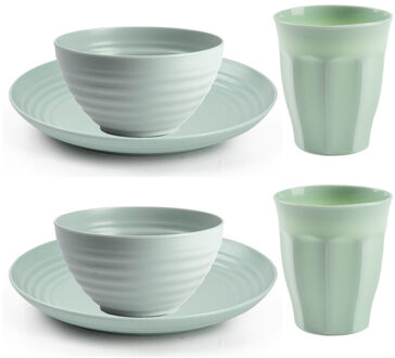 Camping Servies set 24 delig - kunststof - mintgroen - 8x borden/8x drinkbekers/8x kommetjes