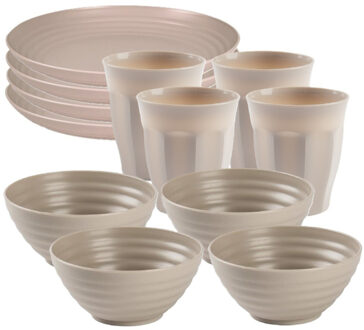 Camping Servies set - kunststof - beige - 4x borden/4x drinkbekers/4x kommetjes