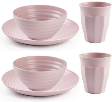 Camping Servies set - kunststof - roze - 6x borden/6x drinkbekers/6x kommetjes
