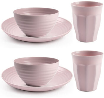 Camping Servies set - kunststof - roze - 8x borden/8x drinkbekers/8x kommetjes