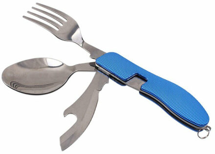 Camping/veld bestekset 4-in-1 - opvouwbaar - blauw - RVS