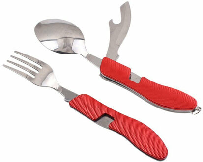 Camping/veld bestekset 4-in-1 - opvouwbaar - rood - RVS