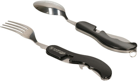 Camping/veld bestekset 4-in-1 - opvouwbaar - zwart - RVS