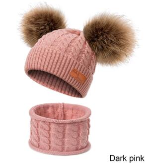 CANCHANGE Kids Jongens Meisjes Warm Beanie Hoed Met Sjaal Winter Bont Hoeden Voor Kinderen Pompom Skullies Mutsen Sjaal Set 2 stuks donker roze 2