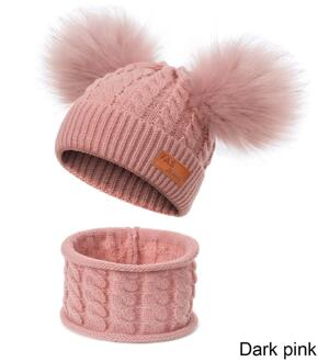 CANCHANGE Kids Jongens Meisjes Warm Beanie Hoed Met Sjaal Winter Bont Hoeden Voor Kinderen Pompom Skullies Mutsen Sjaal Set 2 stuks donker roze