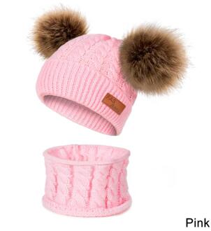 CANCHANGE Kids Jongens Meisjes Warm Beanie Hoed Met Sjaal Winter Bont Hoeden Voor Kinderen Pompom Skullies Mutsen Sjaal Set 2 stuks roze 2