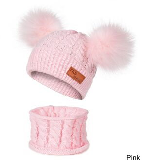 CANCHANGE Kids Jongens Meisjes Warm Beanie Hoed Met Sjaal Winter Bont Hoeden Voor Kinderen Pompom Skullies Mutsen Sjaal Set 2 stuks roze