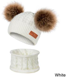 CANCHANGE Kids Jongens Meisjes Warm Beanie Hoed Met Sjaal Winter Bont Hoeden Voor Kinderen Pompom Skullies Mutsen Sjaal Set 2 stuks wit 2