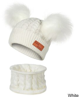 CANCHANGE Kids Jongens Meisjes Warm Beanie Hoed Met Sjaal Winter Bont Hoeden Voor Kinderen Pompom Skullies Mutsen Sjaal Set 2 stuks wit
