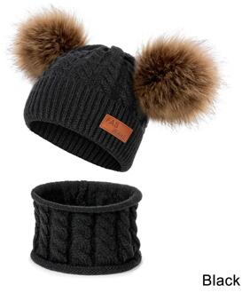 CANCHANGE Kids Jongens Meisjes Warm Beanie Hoed Met Sjaal Winter Bont Hoeden Voor Kinderen Pompom Skullies Mutsen Sjaal Set 2 stuks zwart 2