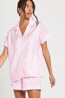 Candy Stripe Satijnen Korte Mouw Overhemd & Korte Broek Pyjama Set, Pink - 36