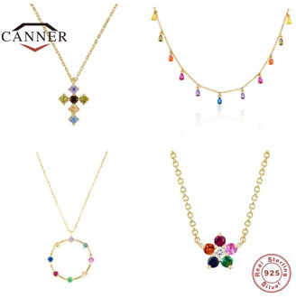 CANNER 925 Sterling Necklace for Women Color Diamond Rainbow flower Pendant Necklace Female Choker Necklaces Jewelry collares