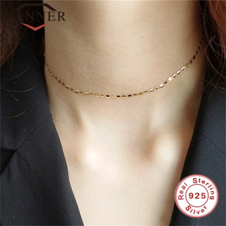 CANNER 925 Sterling Silver Choker Simple Necklace Female Short Necklace Gold Color Elegant Women Chain to Neck FO