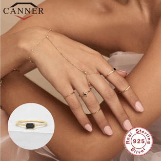 CANNER 925 Sterling Silver Rings for Women Cute Snake Round Ring Black Zircon Gold Color Fine Jewelry Minimalist Gift anillos