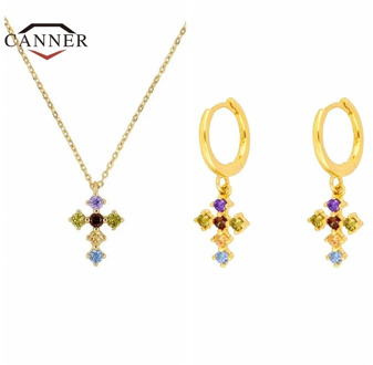 CANNER Real 925 Sterling Silver Colorful Zircon Cross Pendant Necklace for Women Female Clavicle Chain Fashion Jewelry collares