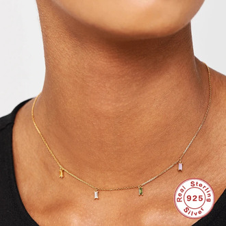 CANNER Real 925 Sterling Silver Necklace for Women Color Square Diamond Clavicle Chain Choker Necklaces Jewelry Collares Gifts