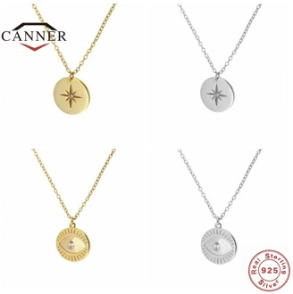 CANNER Real 925 Sterling Silver Necklace For Women Round Brand Geometric Eyes Diamond Clavicle Chain Silver Jewelry Collares