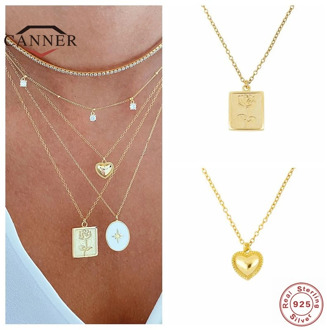 CANNER Real 925 Sterling Silver Square Card Rose Necklace for Women Heart Clavicle Chain Necklaces 925 Silver Jewelry Collares