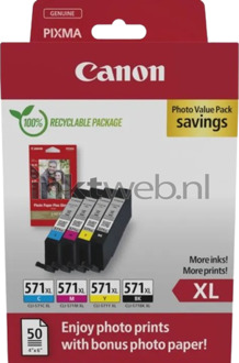 Canon Origineel Hoge Capaciteit Canon CLI-571XL Multipack + fotopapier zwart en kleur