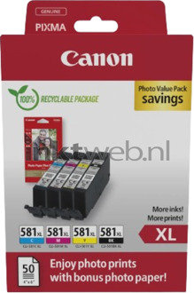 Canon Origineel Hoge Capaciteit Canon CLI-581XL 4-pack met fotopapier zwart en kleur