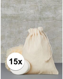 Canvas opbergzakje - 15x - naturel - met koord - 15 x 20 cm