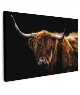 Canvas Schilderij 120x80 Cm Schotse Hooglander - Horens - Zwart - Dieren - Natuur - Wild - Koe