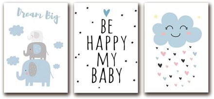 Canvas Schilderij Wolken Nursery Print Baby Poster Blue Wall Art Schilderen Nordic Poster Baby Jongen Decoratie Room Picture 3stk