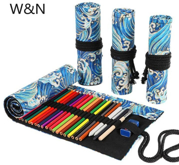 Canvas School Pencil Case for Girls Boys Roll Up Pencilcase Cute Blue Wave Pencil Case Pen Bag Stationery Pouch 12/24/36 Holes