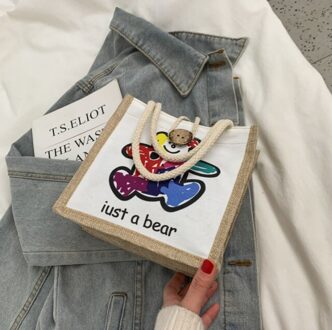 Canvas Tas Vrouwen Tas Meisje Zachte Meisje Handtas Effen Kleur Leisure Tote Een Schouder Messenger Bag bear Cub 5