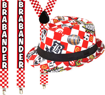 Carnaval Brabant thema - Kojak hoed en feest bretels - rood/wit geblokt