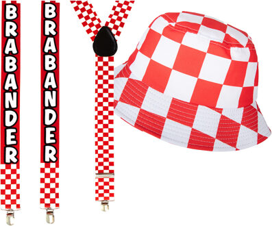 Carnaval Brabant thema - vissershoedje en feest bretels - rood/wit geblokt