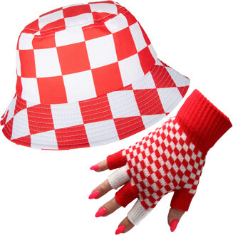 Carnaval Brabant thema - vissershoedje en handschoenen - vingerloos - rood/wit geblokt