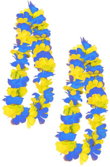 Carnaval Feest krans - 2x - hawaii slinger/krans - blauw/geel - carnaval/thema feesten