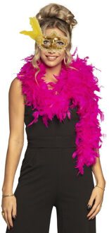 Carnaval gemaskerd bal verkleed accessoires - Venetiaans masker goud - Boa in roze - Dames