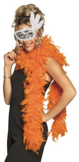 Carnaval gemaskerd bal verkleed accessoires - Venetiaans masker zilver - Boa in oranje - Dames