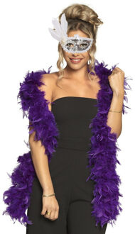 Carnaval gemaskerd bal verkleed accessoires - Venetiaans masker zilver - Boa in paars - Dames