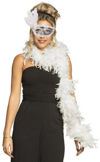 Carnaval gemaskerd bal verkleed accessoires - Venetiaans masker zilver - Boa in wit - Dames