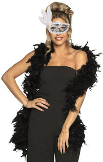 Carnaval gemaskerd bal verkleed accessoires - Venetiaans masker zilver - Boa in zwart - Dames