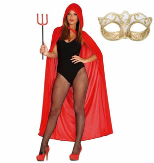 Carnaval gemaskerd bal verkleed set - Oogmasker goud - Lange cape met capuchon rood - dames - One size